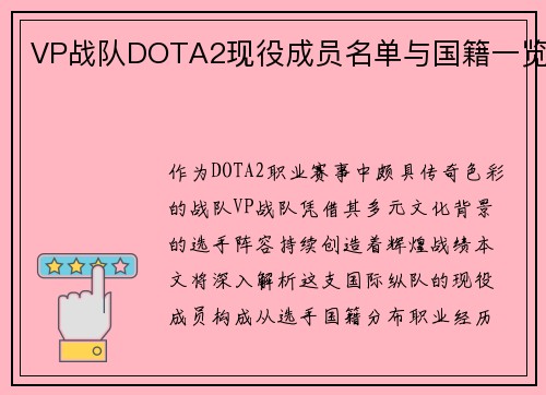 VP战队DOTA2现役成员名单与国籍一览