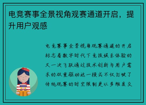 电竞赛事全景视角观赛通道开启，提升用户观感
