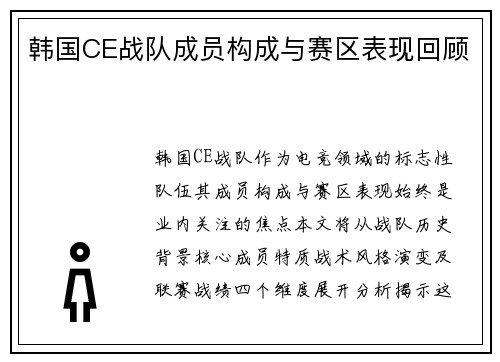 韩国CE战队成员构成与赛区表现回顾