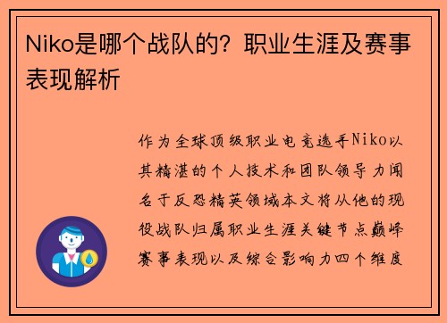 Niko是哪个战队的？职业生涯及赛事表现解析