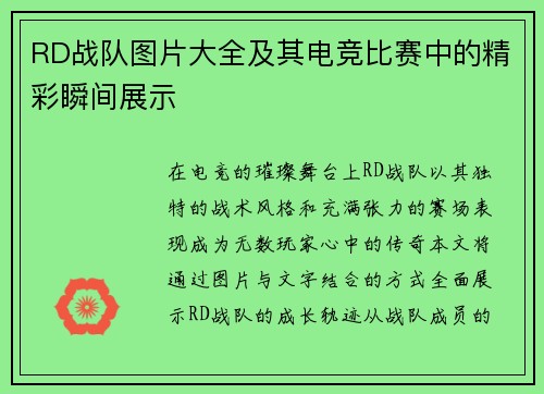 RD战队图片大全及其电竞比赛中的精彩瞬间展示