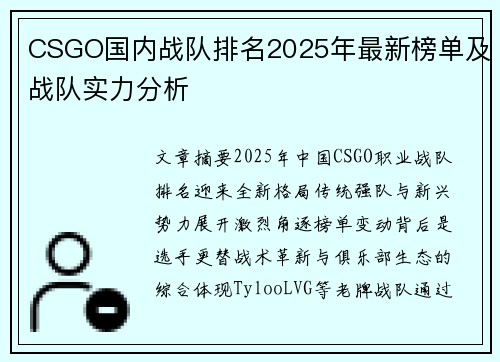 CSGO国内战队排名2025年最新榜单及战队实力分析